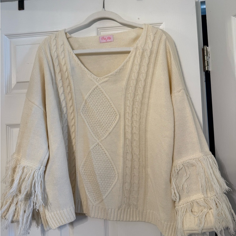 Pink Lily Cream V-Neck Sweater with Fringe